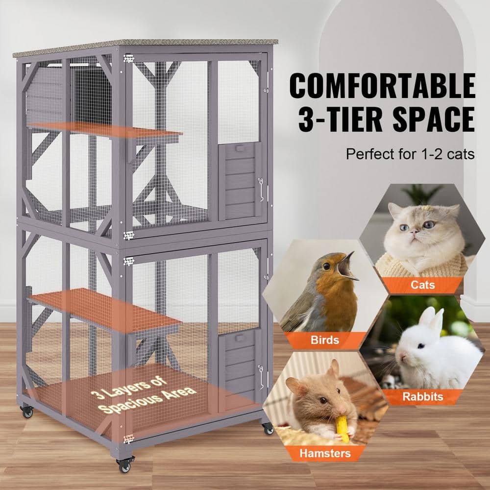 Gray 3-Tier Outdoor Freestanding Cat House with Casters