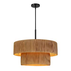 24 in. 5-light 2-Tier Black Hand-Woven Natural Paper Chandelier for Living Room Dining Room with No Bulb Included