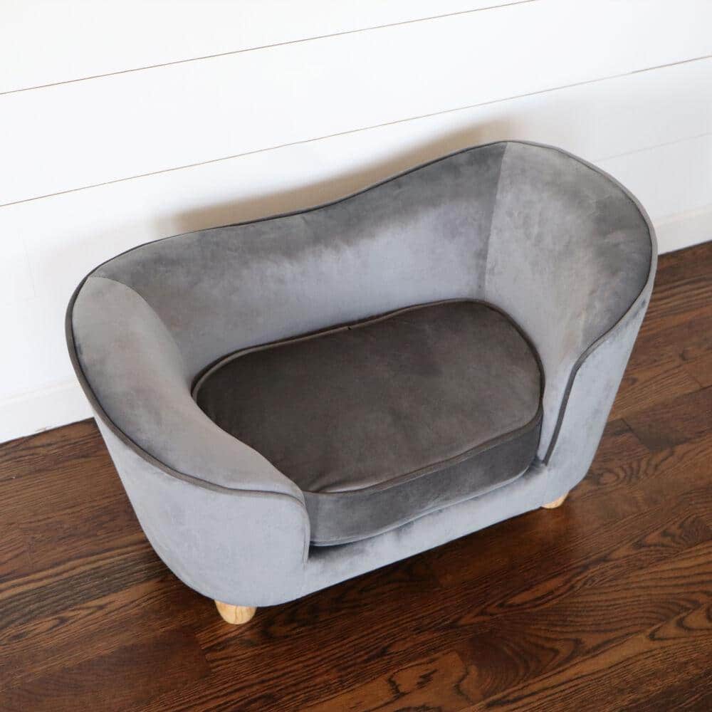 Small Gray Faux-Velvet Elevated Oval Pet Bed with Wood Legs