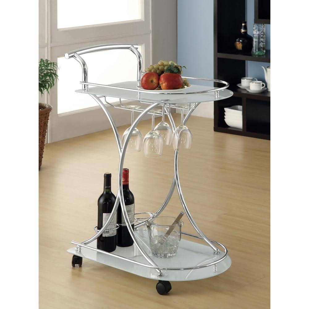 Chrome and White Glass Contemporary Serving Cart with Stemware Rack