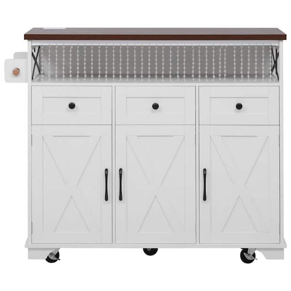 White Rubber Wood Kitchen Cart with Drape of Beads, Power Outlet, Rolling Kitchen Cart on Wheels with Drop Leaf