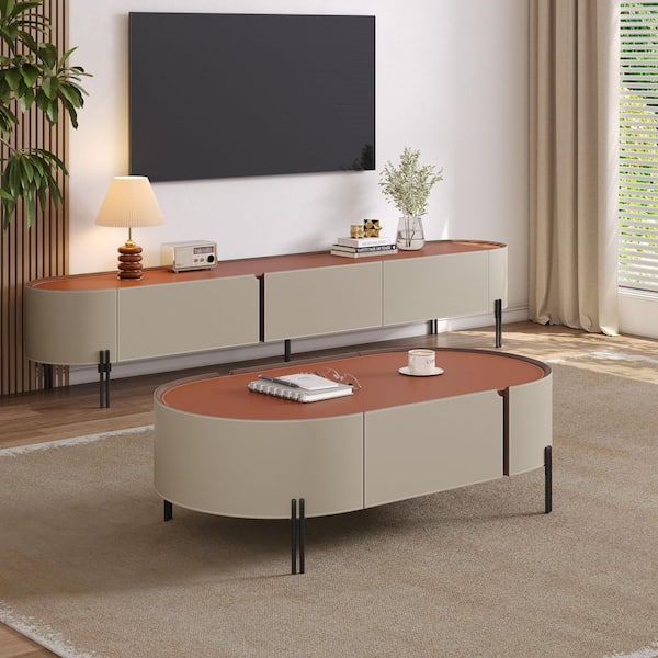 51.18 in. Beige Oval Wood Coffee Table