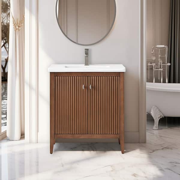Vanity Art 30 in. W x 18.5 in. D x 34 in. H Single Sink Linear Walnut Bath Vanity Cabinet with White Ceramic Top