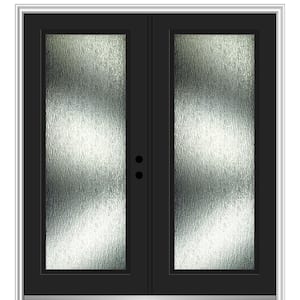 64 in. x 80 in. Left-Hand Inswing Rain Glass Black Fiberglass Prehung Front Door on 4-9/16 in. Frame
