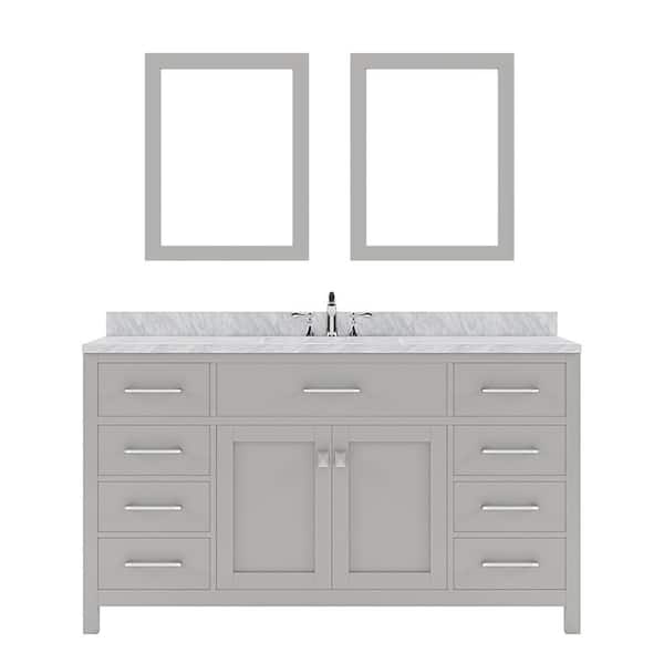 Virtu USA Caroline 60 in. W Bath Vanity in Gray with Marble Vanity Top in White with Square Basin and Mirror
