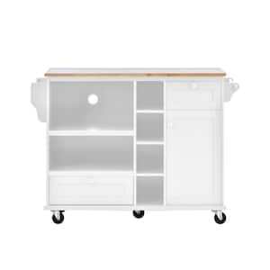 White Rubberwood Kitchen Cart with Microwave Storage Rack, Exterior Shelves and 2- Drawers