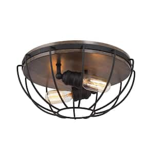 The 14.6 in. 2-Light Farmhouse Rustic Iron & Wooden Texture Flush Mount Ceiling Light with Matte Black Cage Shade