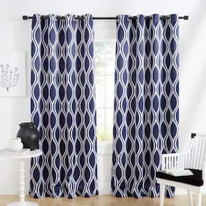 Alfie Peacoat Blue Ogee Room Darkening Grommet Top Curtain, 52 in. W x 84 in. L (Set of 2)