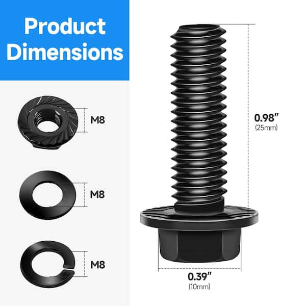 M8 x 25 mm Black Oxide Zinc Flanged Bolt (10-Pack), Class 10.9 Alloy Steel Bolt Set