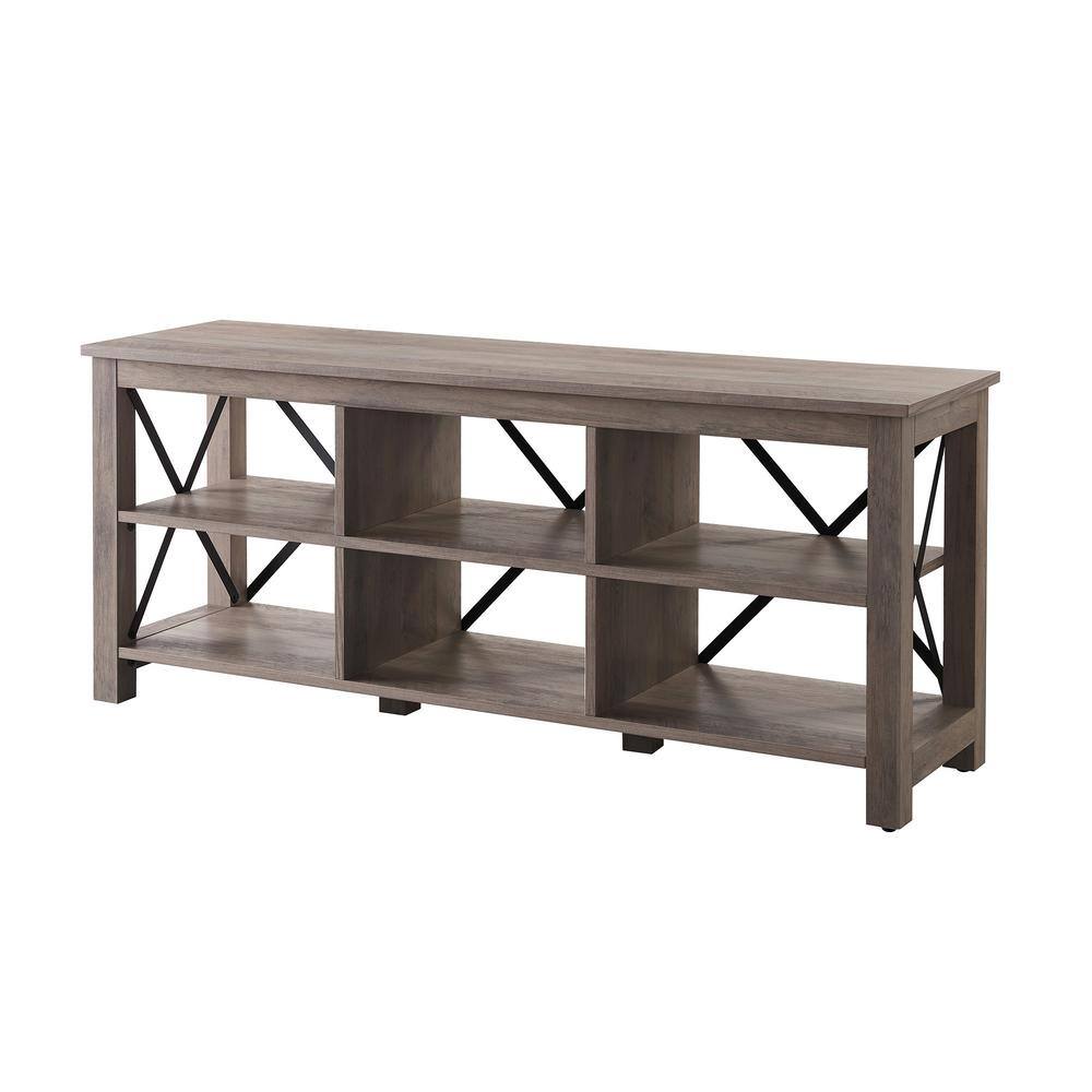 Sawyer Modern Farmhouse 58" TV Stand in Gray Oak with Black Metal Accents