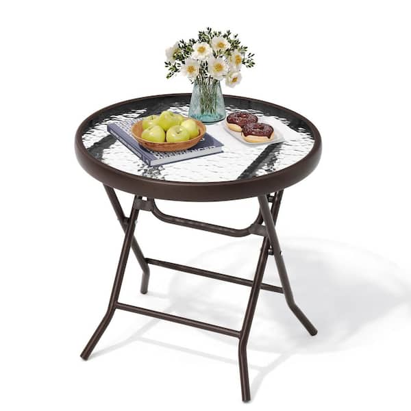 Folding Tempered Glass Outdoor Side Table Patio Bistro Coffee Table in Brown