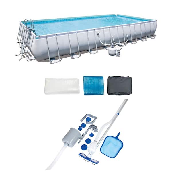 Bestway 31'4 ft. x 16 ft. Rectangle Frame 52 in. Deep Swimming Pool and Pool Cleaning Vacuum and Maintenance Accessories Kit