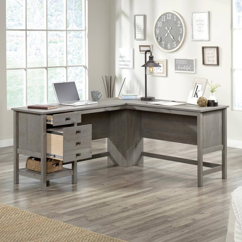 Mystic Oak L-Shaped Gray Wood Computer Desk with Drawer and Filing Cabinet