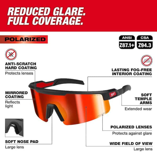 Milwaukee Polarized Wrap Around Safety Glasses-Red Mirrored Dual