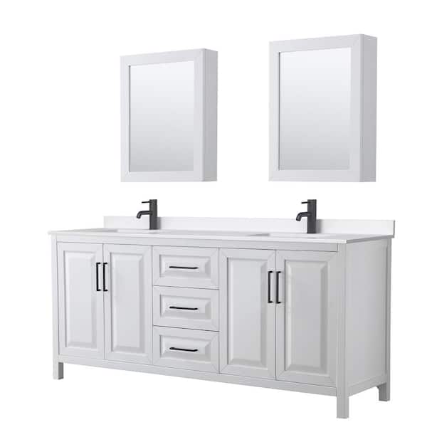 Wyndham Collection Daria 80 in. W x 22 in. D x 35.75 in. H Double Bath Vanity in White with White Quartz Top and Mirrors
