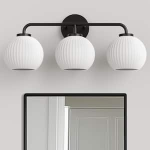 23 in. 3-Light Black Vanity Light with Globe White Glass Shades for Bathroom, Mirror, Vanity Area