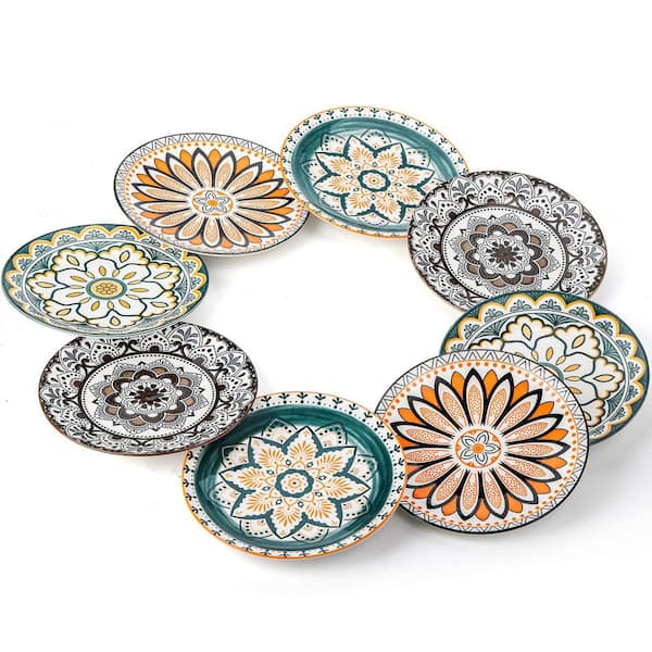 8-Piece 8.5 in. Porcelain Salad Plates, Dessert Plates, Lunch Plate Sets, Dishwasher Safe, Microwave Safe, Multicolor