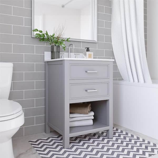 Nevada 24 in. Stone Top Bathroom Vanity in Gray with Silver Handles