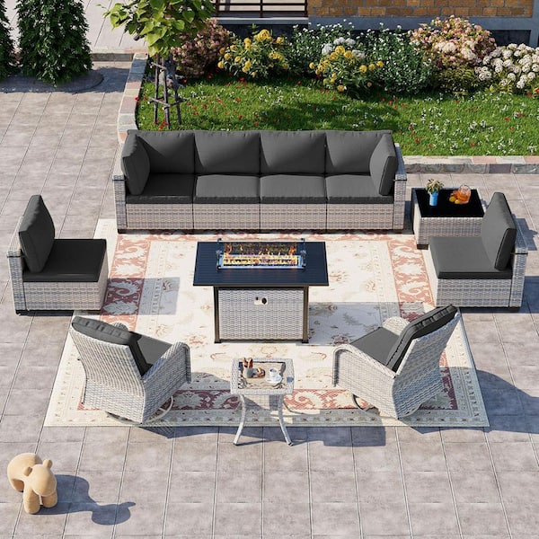 muphyers 11-Piece Wicker Patio Conversation Set with Fire Pit Table and Top Table. Swivel Rocking Chairs with Dark Gray Cushions