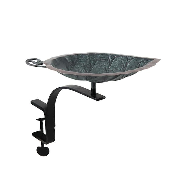 12 in. Tall Antique Brass Plated Aspen Leaf Birdbath with Rail Mount Bracket