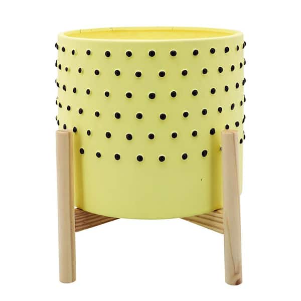 10 in. x 11 in. Yellow Ceramic Dotted Decorative Pot with Wood Stand