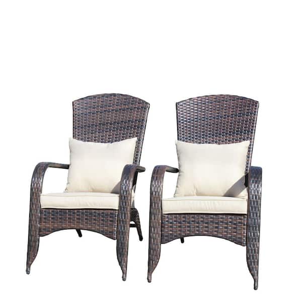 Brown PE Wicker Patio Chair Set with Beige Cushions-2-Piece All-Weather Outdoor Seating