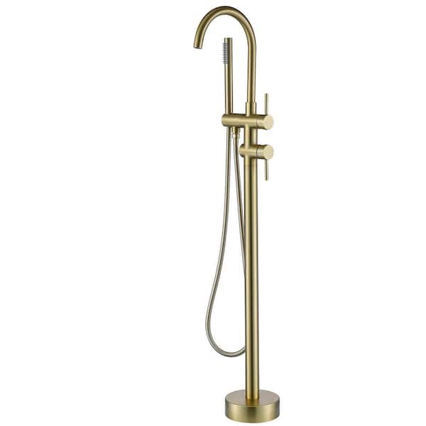 Single-Handle Claw Foot Tub Faucet with Hand Shower Floor Mount in Brushed Gold