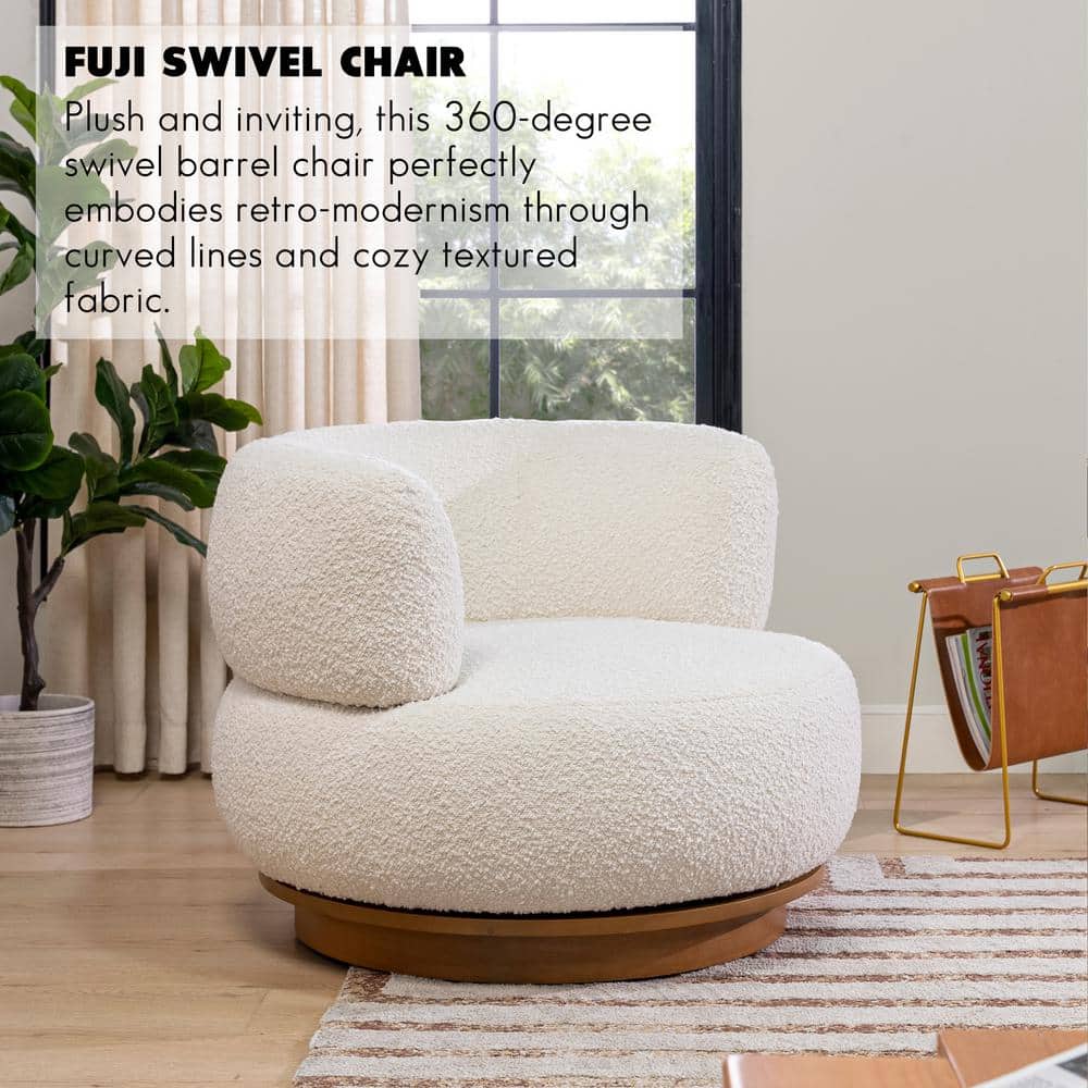 Ivory White Boucle Swivel Barrel Accent Chair with Wood Base