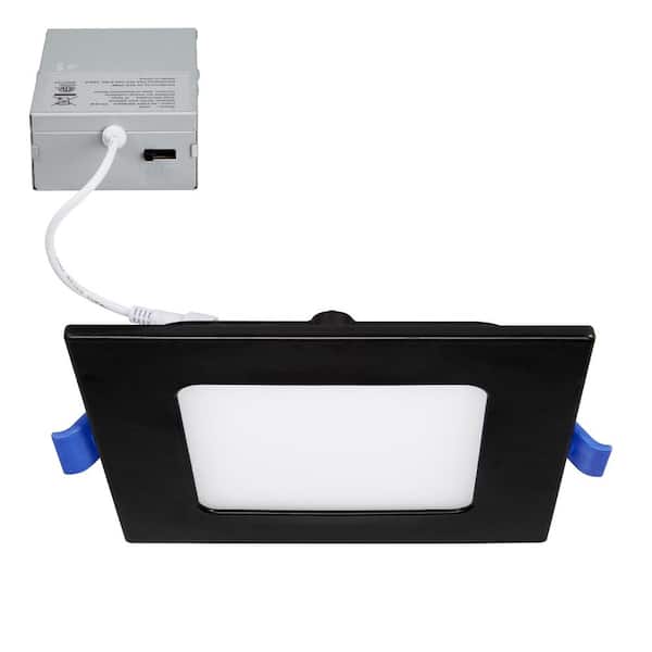 Maxxima 4 in. Slim Square Recessed LED Downlight, Black Trim, Canless IC Rated, 700 Lumens, 5 CCT Color Selectable 2700K-5000K