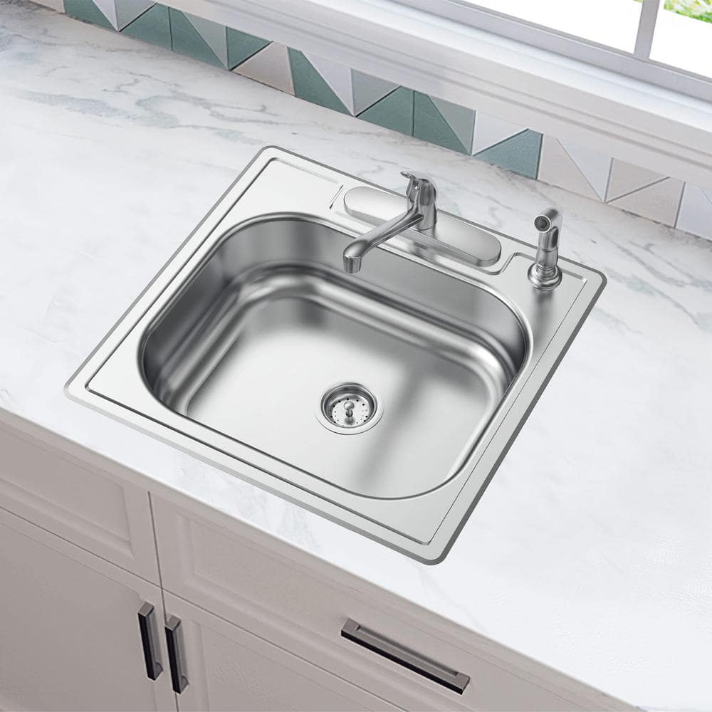 25-inch Brushed Stainless Steel Single Bowl Drop-In Kitchen Sink with Faucet