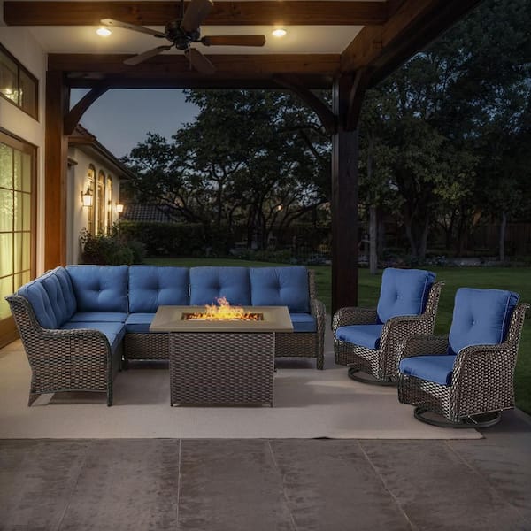 Brown 4-Piece Wicker Patio Fire Pit Set, Outdoor Sectional Seating Set with Olefin Navy Blue Cushions and Swivel Rockers
