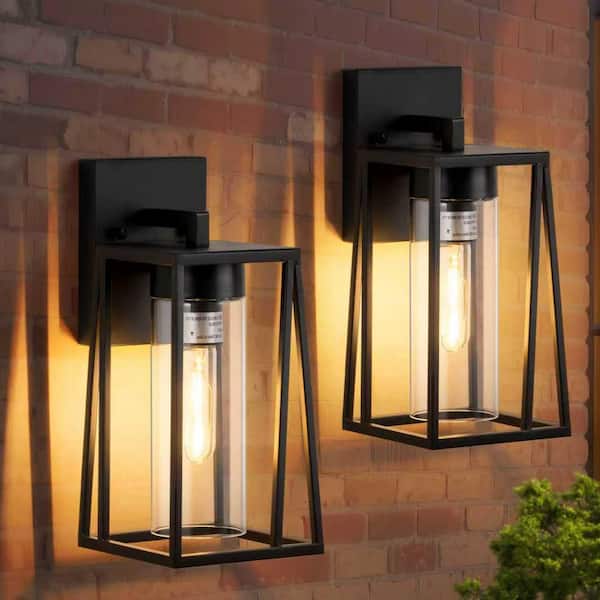 GMGSROM 1-Light Matte Black Hardwired Outdoor Wall Lantern Sconce with Clear Glass(2-Pack)