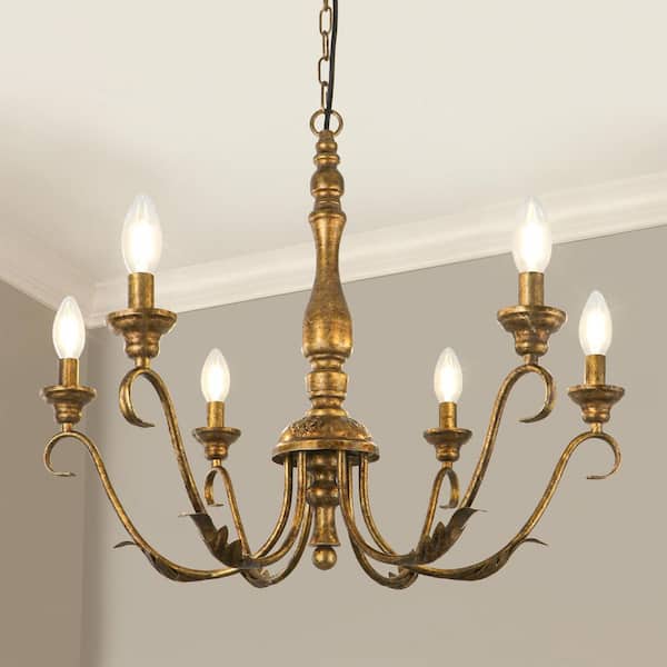 6-Light Distressed Brass Candle Style Farmhouse French Country Chandelier 23.62 in. for Dining Room Bedroom