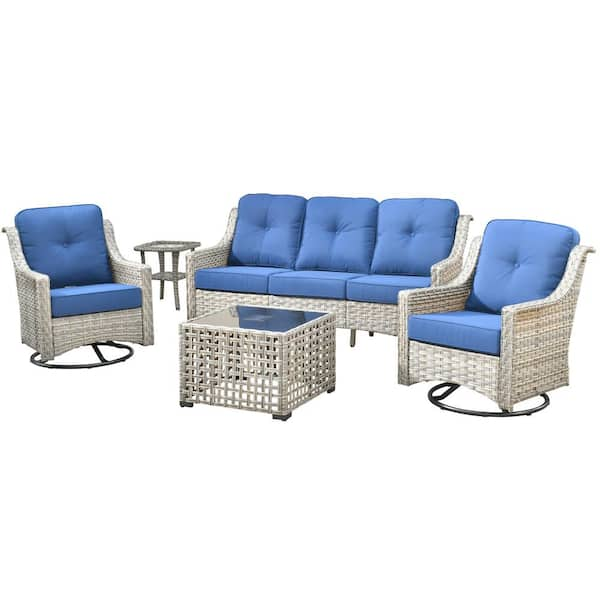 Blanche 5-Piece Wicker Patio Conversation Seating Sofa Set with Navy Blue Cushions and Swivel Rocking Chairs