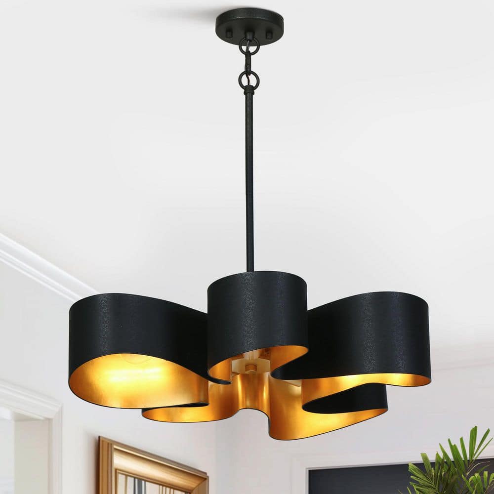 5-Light Textured Black Drum Geometric Chandelier with Antique Gold Foil, Art Deco Metal Ribbon Flower Pendant Light price history on PriceWatchPro