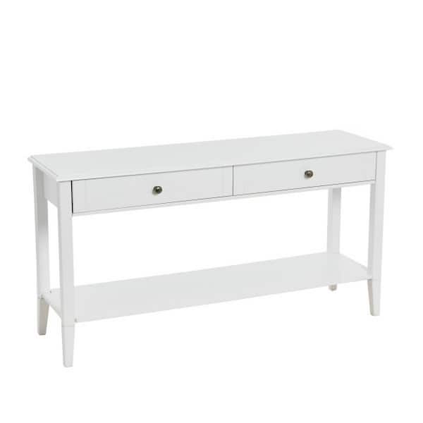 Storied Home Pleasantville 55 in. White Rectangle Wood Console Table with 2-Drawer