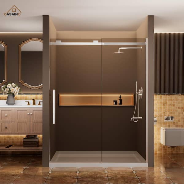 CASAINC 60 in. W x 76 in. H Sliding Frameless Shower Door in Brushed Nickel Finish with 3/8 in.(10 mm) Tempered Clear Glass