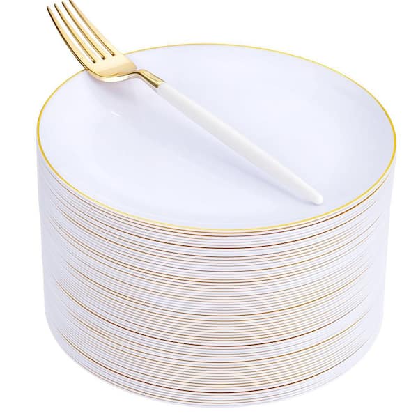 Set of 48 White Plastic Dessert Plates with Gold Trim and 48 Gold Plastic Dessert Forks for Parties and Weddings