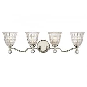 Birone 33 in. W x 8.5 in. H 4-Light Polished Nickel Bathroom Vanity Light with Clear Glass Shades