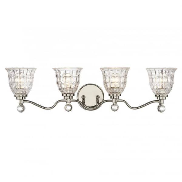 Savoy House Birone 33 in. W x 8.5 in. H 4-Light Polished Nickel Bathroom Vanity Light with Clear Glass Shades