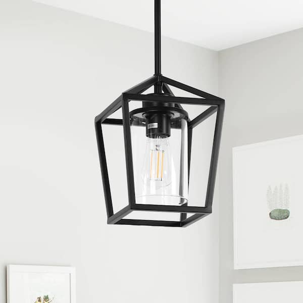 1-Light Matte Black Farmhouse Cage Pendant Light with Clear Cylinder Glass Shade for Dining Room and Kitchen Island