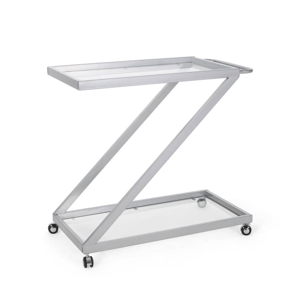 Noble House Jelm Silver 2Tier Glass Shelf Bar Cart 110292 The Home Depot