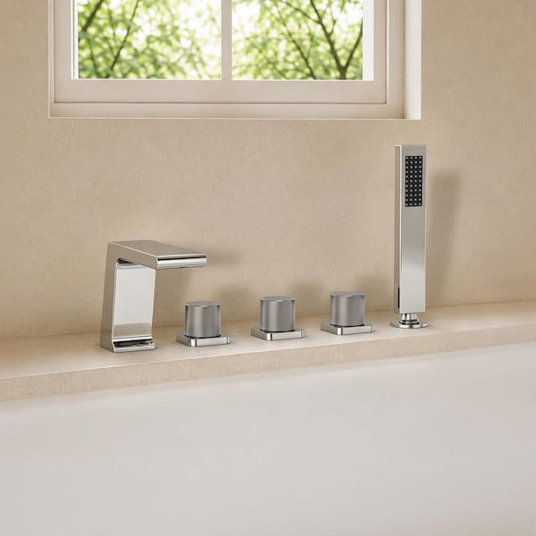 3-Handle Minimalist Tub Deck Mount Roman Tub Faucet with Hand Shower in Chrome