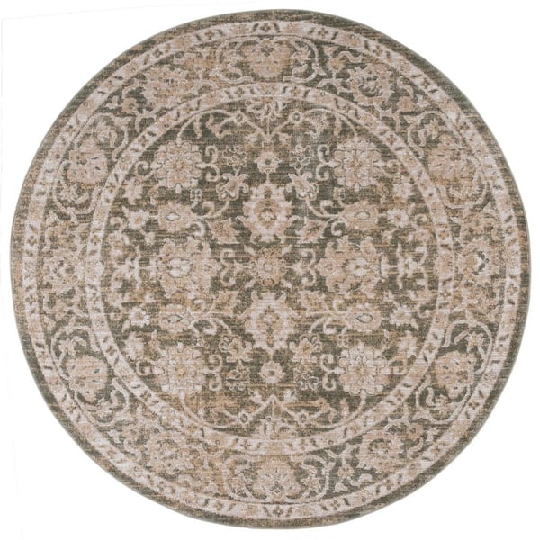 Hazel 6 ft. x 6 ft. Green/Beige Traditional Floral Round Area Rug