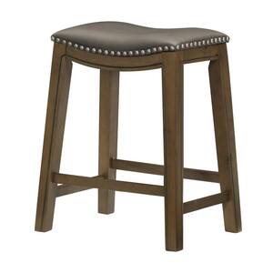 25.75 in. Gray and Brown Backless Wood Frame Bar Stool with Faux Leather Seat