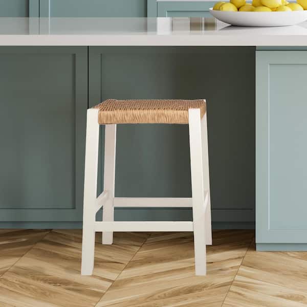 Newport 24 in. H White Wood Counter Height Stool 24 with Handcrafted Woven Rope Seat