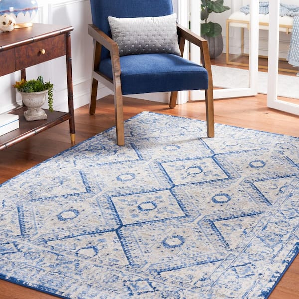 Brentwood 7 ft. x 7 ft. Blue/Ivory Geometric Diamond Border Square Area Rug
