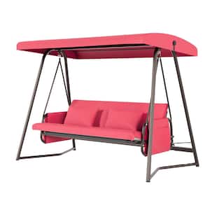 Metal Outdoor 3 seaters Patio Swing with Red Cushion and Adjustable Canopy