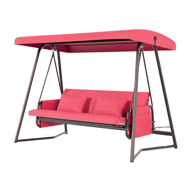 Sudzendf Metal Outdoor 3 seaters Patio Swing with Red Cushion and Adjustable Canopy