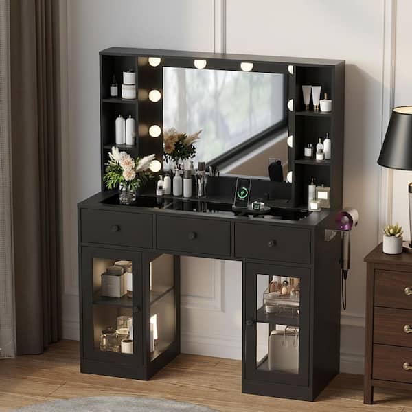 1-piece Black Particle Board Makeup Vanity Table with Dimmable Light Bulbs 3-Drawer 2-Glass Door Left-Right 2-Tier Shelf